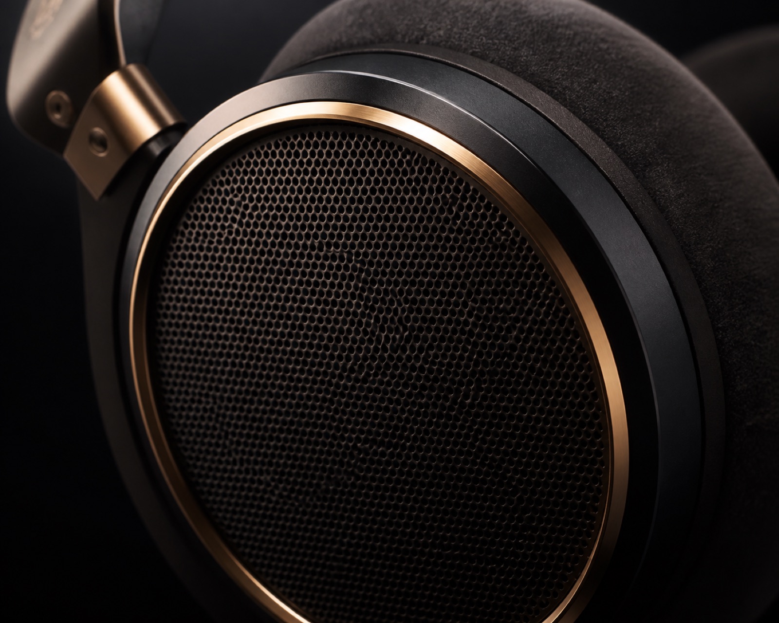 Macro detail of the NOCTIS 01 acoustic mesh grille and bronze accent ring