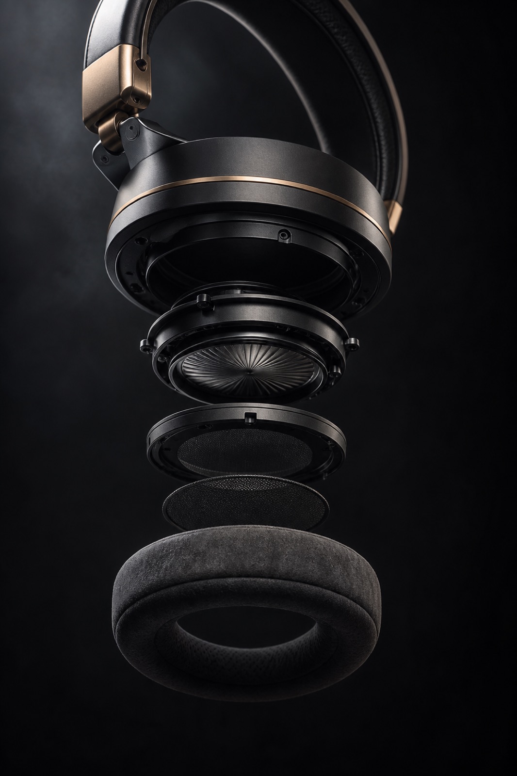 Exploded view of the NOCTIS 01 earcup showing the aluminium cup, planar driver, acoustic mesh and Alcantara pad